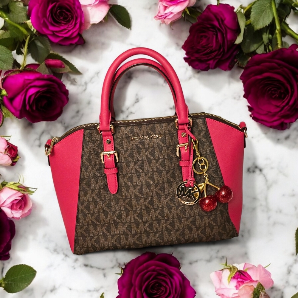 Michael Kors Ciara Flame Red Coated Canvas Large Satchel Crossbody Bag